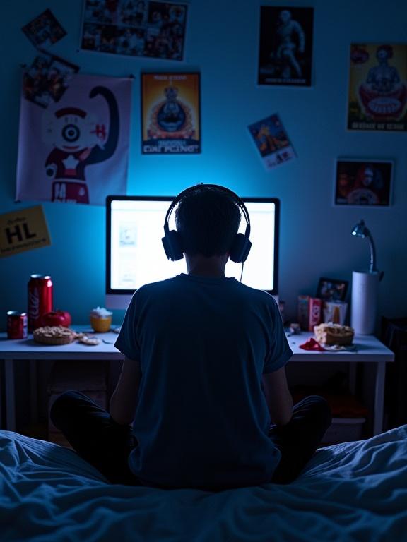 Teen boy sitting in a dark bedroom illuminated by the glow of a monitor. Junk food and soda cans scattered. Posters on the wall. Headphones on. Horror mood lighting.