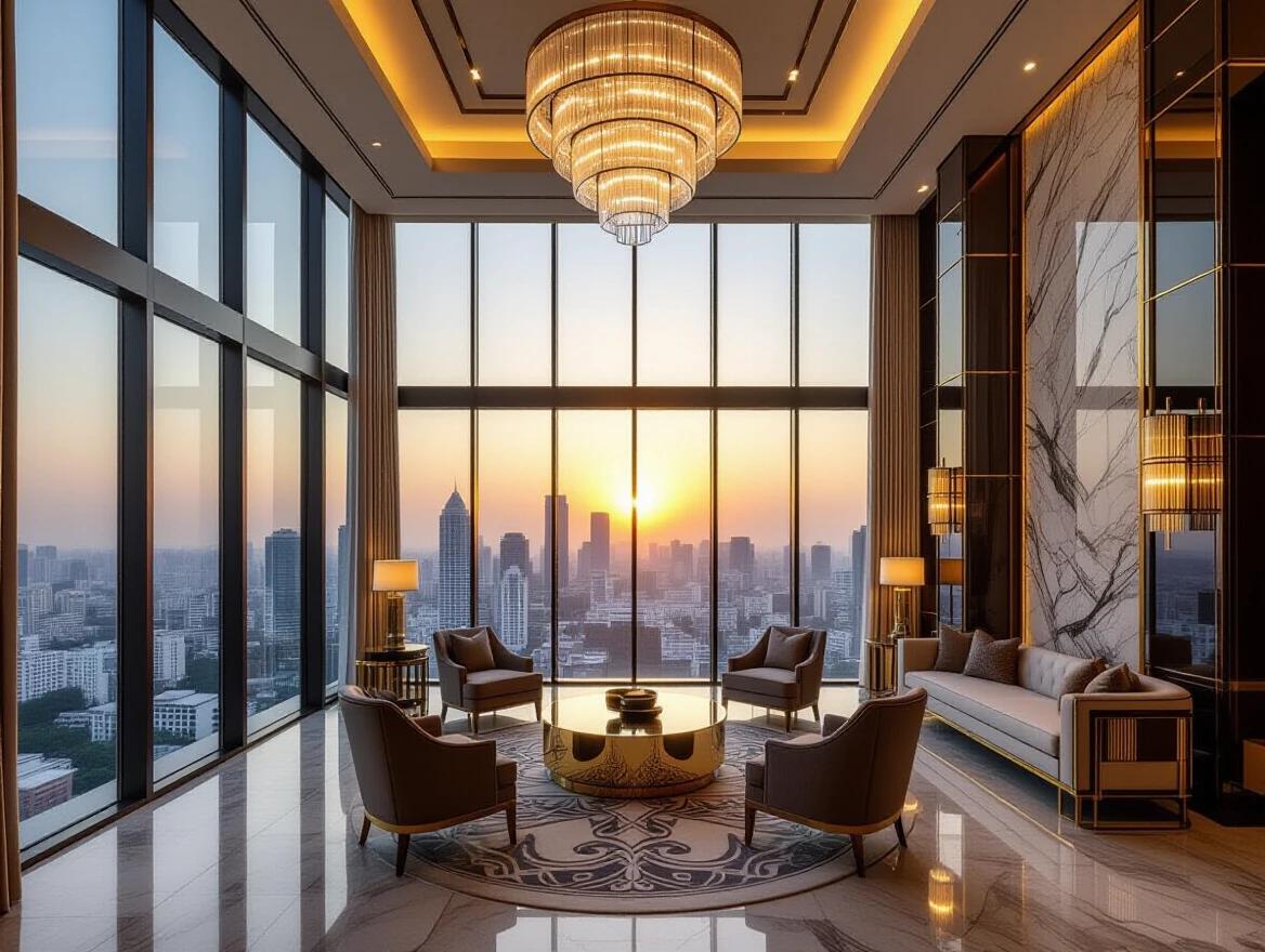 Luxurious lounge interior in a high-rise building. Room features full glass wall windows with sunset views. Modern Bangalore skyline visible through the windows. Decorative elements include high ceilings and ornate chandeliers. Interior has gold accents and marble details. Seating area includes upholstered chairs and velvet table runners. Calm and elegant atmosphere. Photorealistic illustration of luxury.