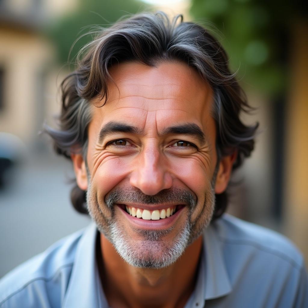 A close-up view of a smiling middle-aged man. He appears to be around 56 years old, with dark wavy hair and a well-groomed beard. His expression is joyful, showcasing a genuine smile. The background is softly blurred, hinting at an outdoor setting. The lighting is natural, enhancing the warmth of his personality. This image embodies a sense of confidence and approachability, making it suitable for various lifestyle contexts.