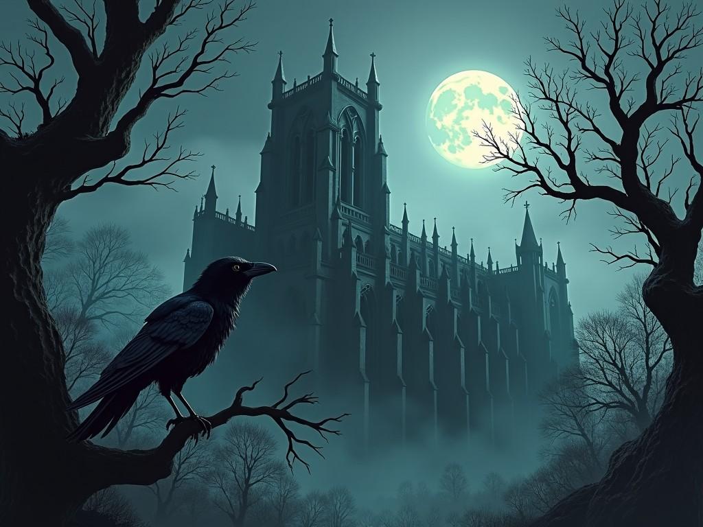 A gothic scene featuring a raven perched on a bare tree branch in front of a misty cathedral, under the light of a full moon.