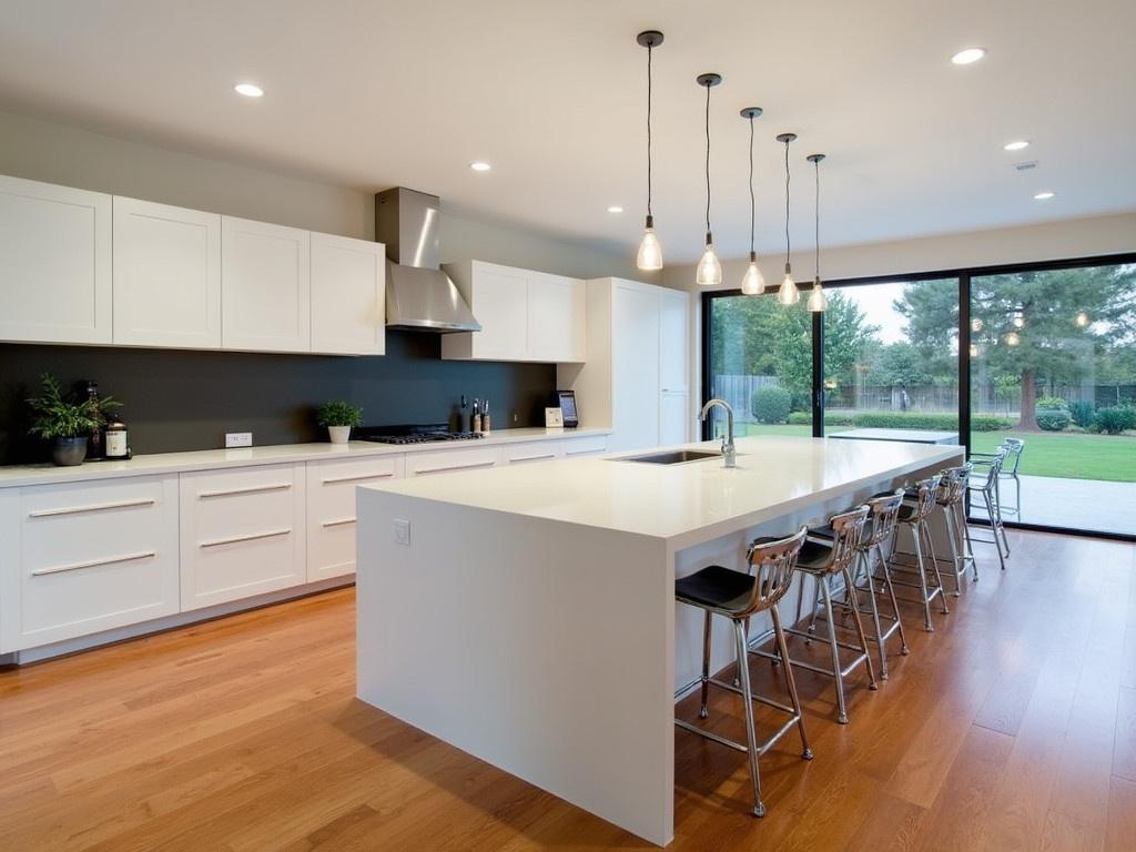 The image depicts a modern kitchen with an open design. The kitchen features a large central island with a white countertop and a built-in sink. Seats are arranged along one side of the island, showcasing stylish chrome bar stools. Behind the island, there are sleek white cabinets that contrast beautifully with the dark-colored backsplash. The space is well-lit with pendant lights hanging above the island and natural sunlight streaming in through large sliding doors that lead outside. The flooring is polished hardwood, adding warmth to the contemporary aesthetic.