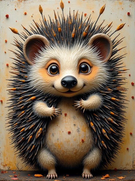 Masterpiece 3D multi-layered artwork of a cute hedgehog. Artwork combines encaustic mixed media in a whimsical style. Detailed and colorful character design with a blend of textures.