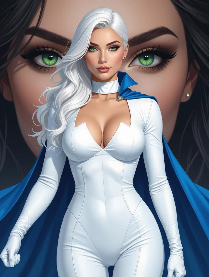 A confident woman wears a superhero costume. The character has captivating green eyes. Costume symbolizes heroism and mystery. Features intricate detailing in white. Image evokes empowerment and allure. Composition creates an enchanting atmosphere. The character stands tall in a blue costume. Athletic physique accentuated by outfit. Flowing hair adds mystique to the character. Striking features include white hair and red lips.