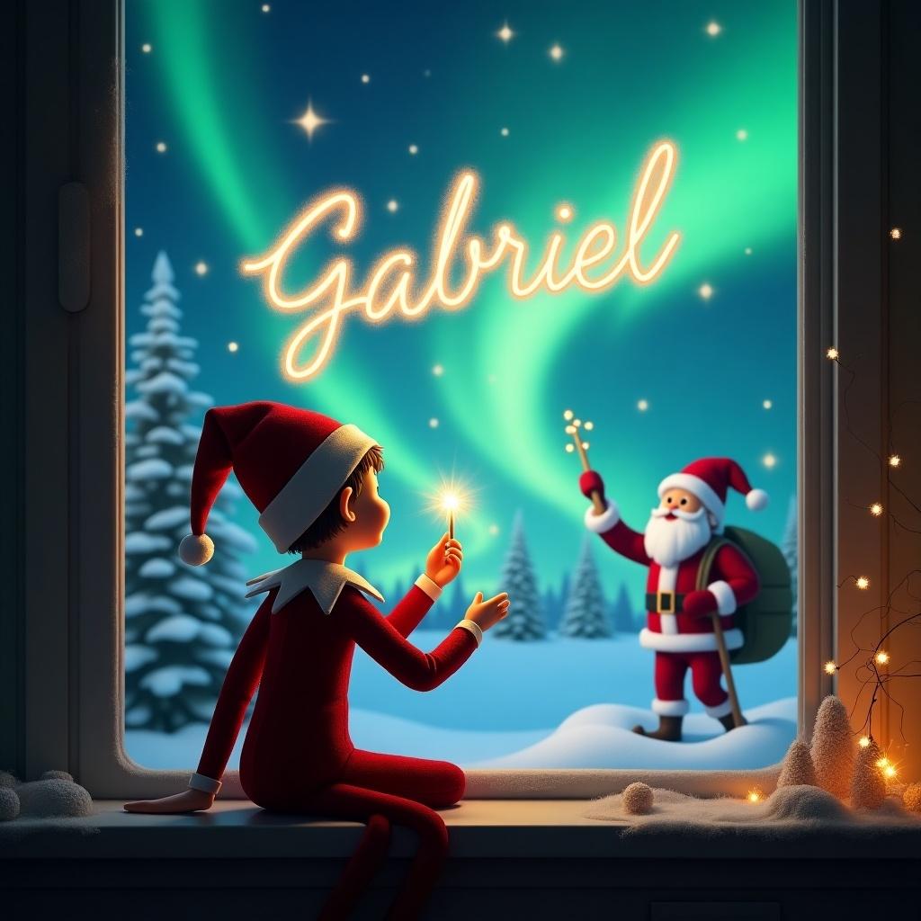 A whimsical scene featuring an Elf on the Shelf, sitting with his back to the viewer. The elf is facing the sky, using a wand to write in the air. The background showcases a magical Christmas landscape with shimmering northern lights. In the scene, Santa is seen joyfully waving, while the name 'Gabriel' sparkles in the sky. The entire atmosphere radiates warmth and festive cheer, perfect for holiday celebrations.