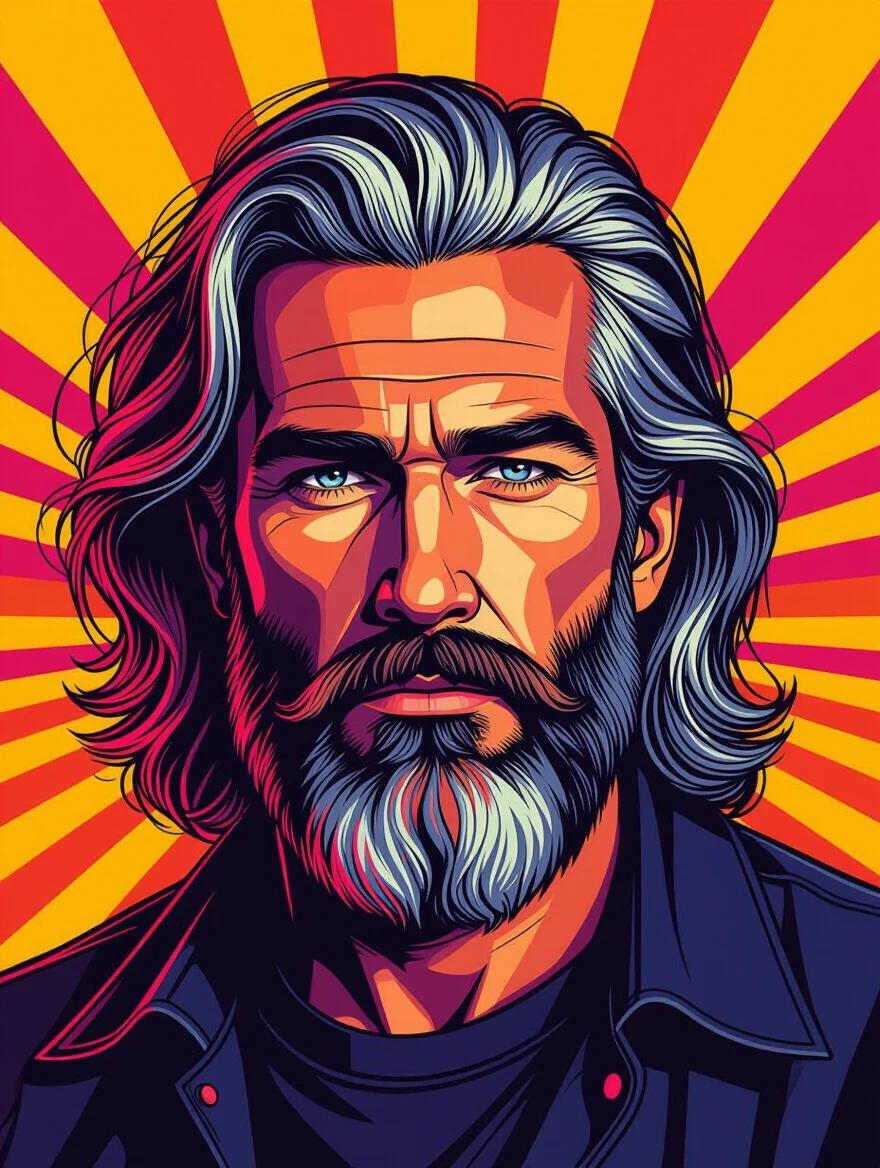 Portrait of a man with long wavy blond hair and a gray beard. He has pale skin and serious expression. Stylized pop-art creation with vibrant neon colors. Bold graphic lines and dramatic shadows. Warm psychedelic gradient background. Inspired by synthwave aesthetics.