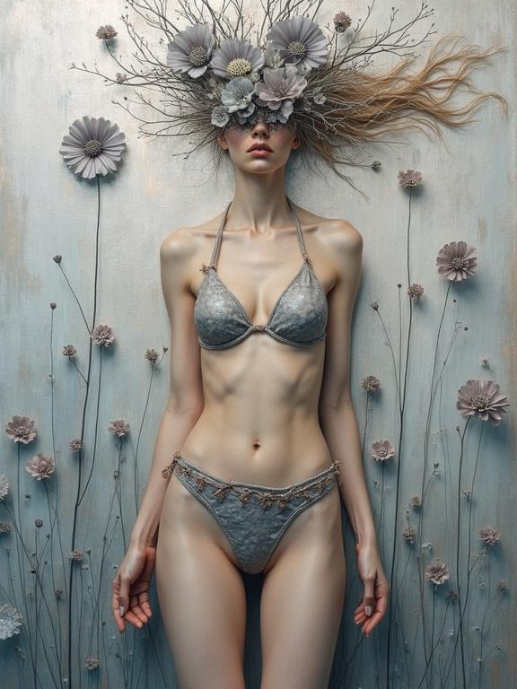 A painting inspired by various artists featuring a faceless nude figure with a sculptural bikini made of branches. Grey flowers flow in the wind against an abstract silver copper patina background. Highly detailed and textured, showcasing fine art elements.