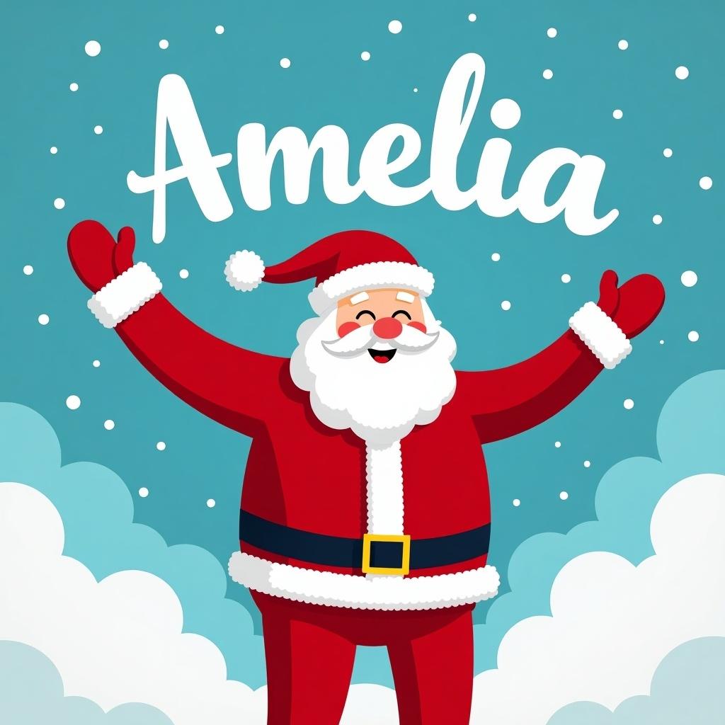 This cheerful image captures the spirit of Christmas. Santa Claus stands joyfully against a bright blue sky, his arms raised in celebration. Above him, the name 'Amelia' is displayed in large, playful letters. Snowflakes gently fall around the scene, creating a perfect winter atmosphere. The whole image radiates happiness and festive cheer, making it ideal for holiday-themed illustrations.