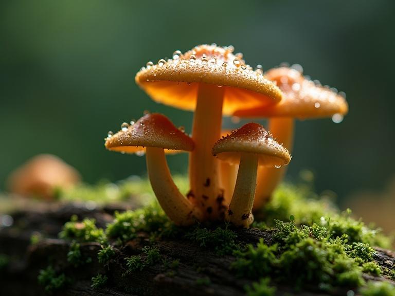 Extreme macro photography features a closeup of a group of cracked-indie mushrooms on mossy dead wood. They are covered in morning dew that shimmers in the light, set against a backlit blurry dark matte green background with dreamy bokeh.