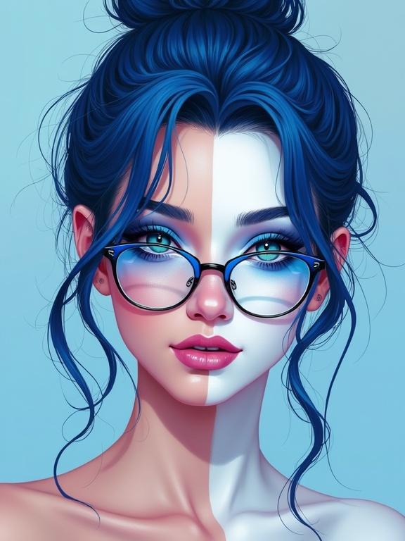 Devilish digital art illustration of a nerdy Finnish woman with half blue and half white styling. Soft pastel background. Blue and white makeup. Vivid blue eyeshadow on one side, pristine white accents on the other. Quiet confident expression. Glasses on her nose. Sexy painted bosoms.