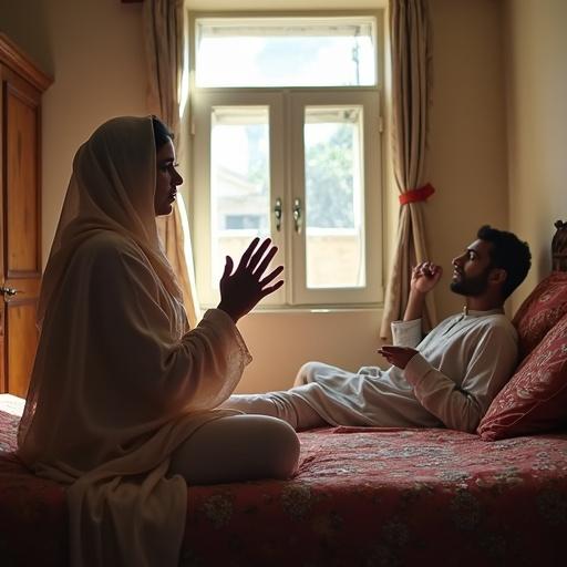 In a modest bedroom with natural daylight, a woman in shalwar kameez and dupatta sits on the bed, hands raised in prayer. Her eyes show sorrow and hope for a child. Next to her, her husband reclines on the bed, using his phone, providing quiet support. Room features wooden furniture and embroidered cushions.