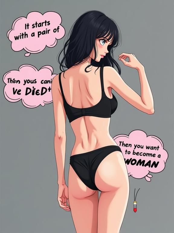 Conceptual art piece blending fashion and anime. Main subject is a person in black lingerie seen from the back. Gray backdrop. Comic-style text bubbles present sequentially with phrases about femininity. Professional studio lighting and focus.