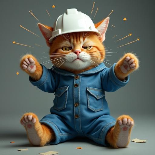 A semi-realistic cat wears a white hard hat and blue work jacket. Cat has a dizzy expression with spiral eyes. Stars circle around the head. Head wrapped in bandages. Cat is in a collapsed pose with legs up in the air.