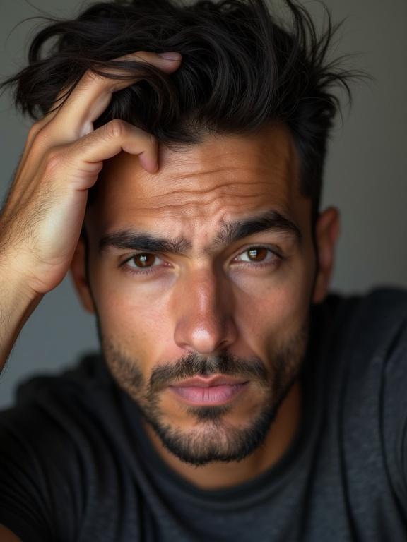 A handsome man looks directly at the camera while running his hand through his hair. Expression is focused and contemplative. Camera angle is close-up.