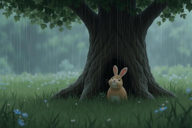 Rabbit hides under large tree. Scared expression. Rain falls around.