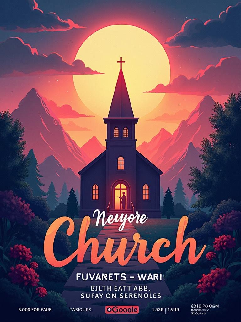 A church flyer designed with a theme of doing something new. The scene showcases a church with mountains and a large moon in the background. The colors are vibrant and inviting. It evokes a sense of hope and community.