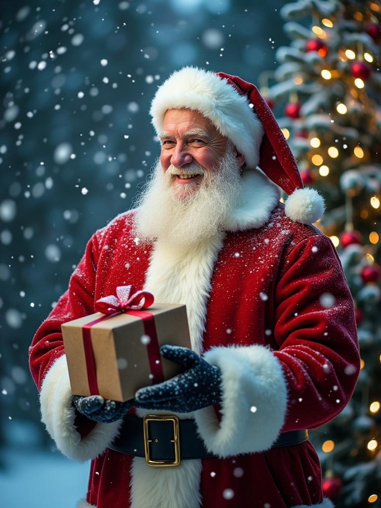 Santa Claus holding a gift in a snowy setting beside a decorated Christmas tree. The gift is labeled with the name Niveda. A festive atmosphere with soft lighting and falling snow.