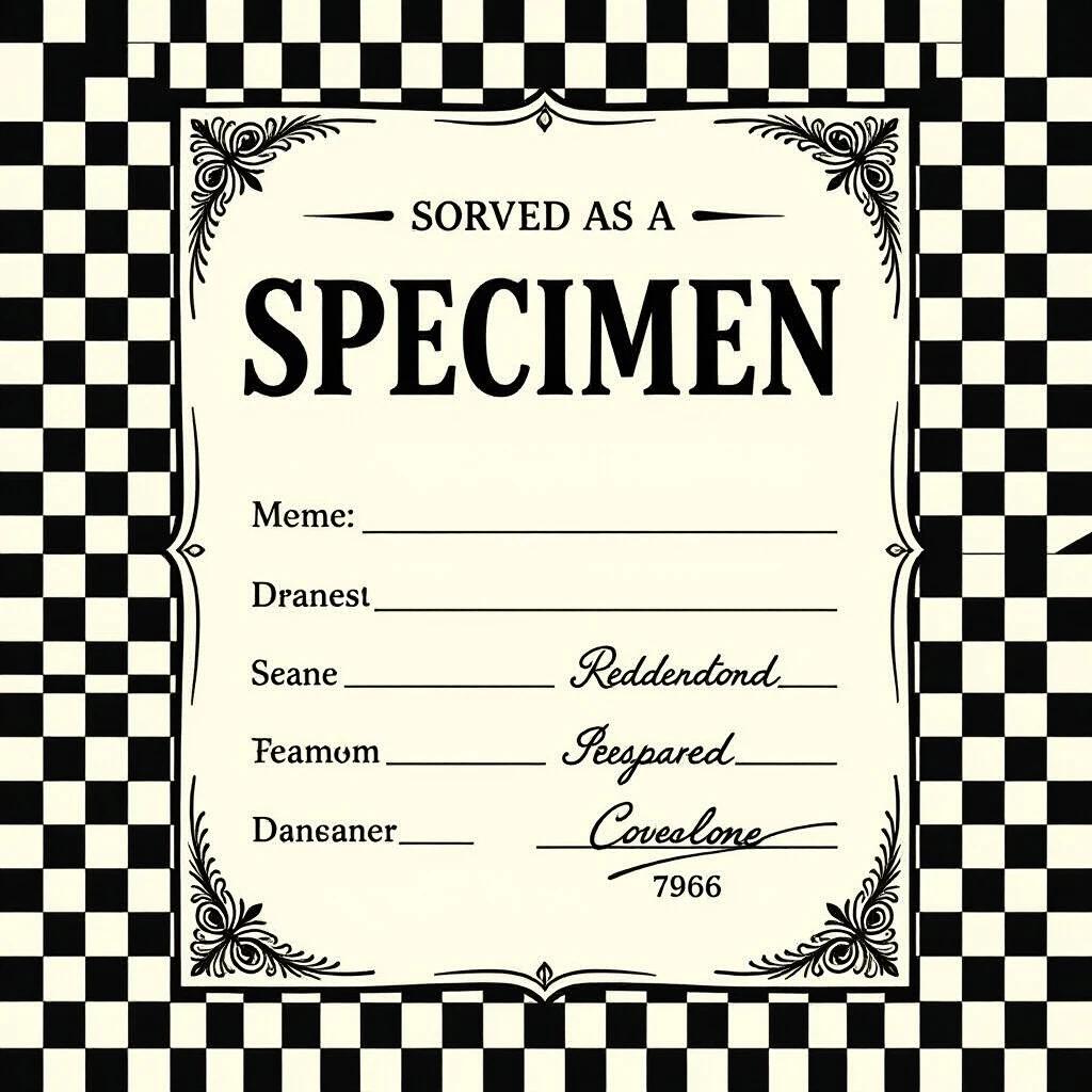 Design a specimen label inspired by horror and apothecary aesthetics. Rectangular label takes up most of the image. Include handwritten style elements. Leave a transparent background. Text reads Specimen No.07 - The Armature Witches' Eyes. Details - Floating FK eye rig, jar lid animation, nerve chains, hover FX Beginner Friendly. Acquired by Merry Jiller.