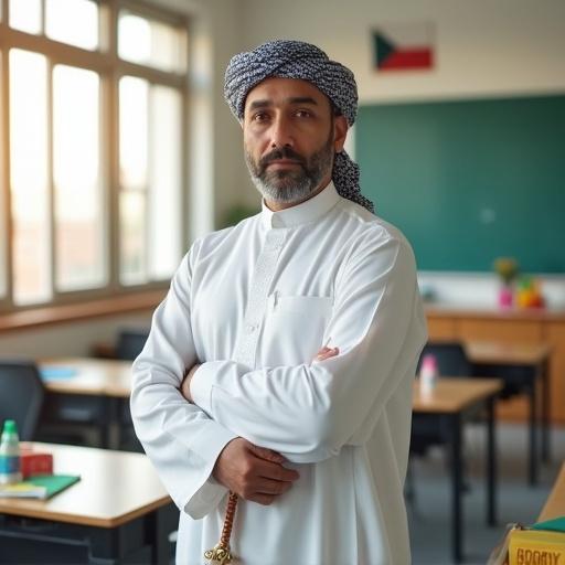 Omani male teacher with gray hair and beard in a classroom wearing traditional attire. He stands confidently near a smartboard. Bright, modern classroom with student desks and educational materials. Large windows with daylight. Cinematic lighting and bokeh effect.