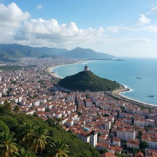 Scenic aerial view of Cartagena de Indias. Focus on colonial part and San Andrés fort. Coastal landscape with mountains in background. Captures vibrant city with terracotta rooftops and lush greenery.