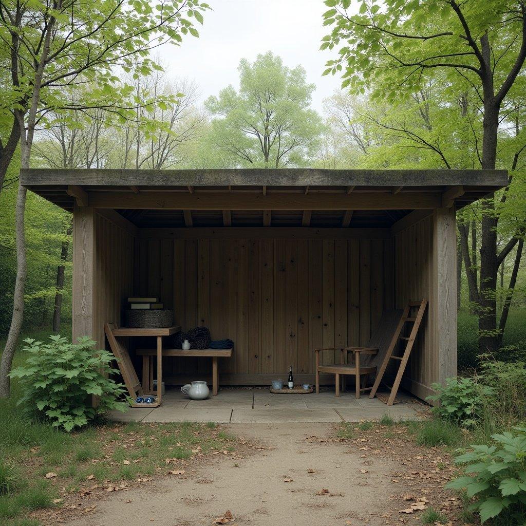 Wooden shelter in a serene forest setting. Surrounded by lush green trees. Simple wooden furniture inside. Soft light creates a calming atmosphere. Pathway leading to the shelter.