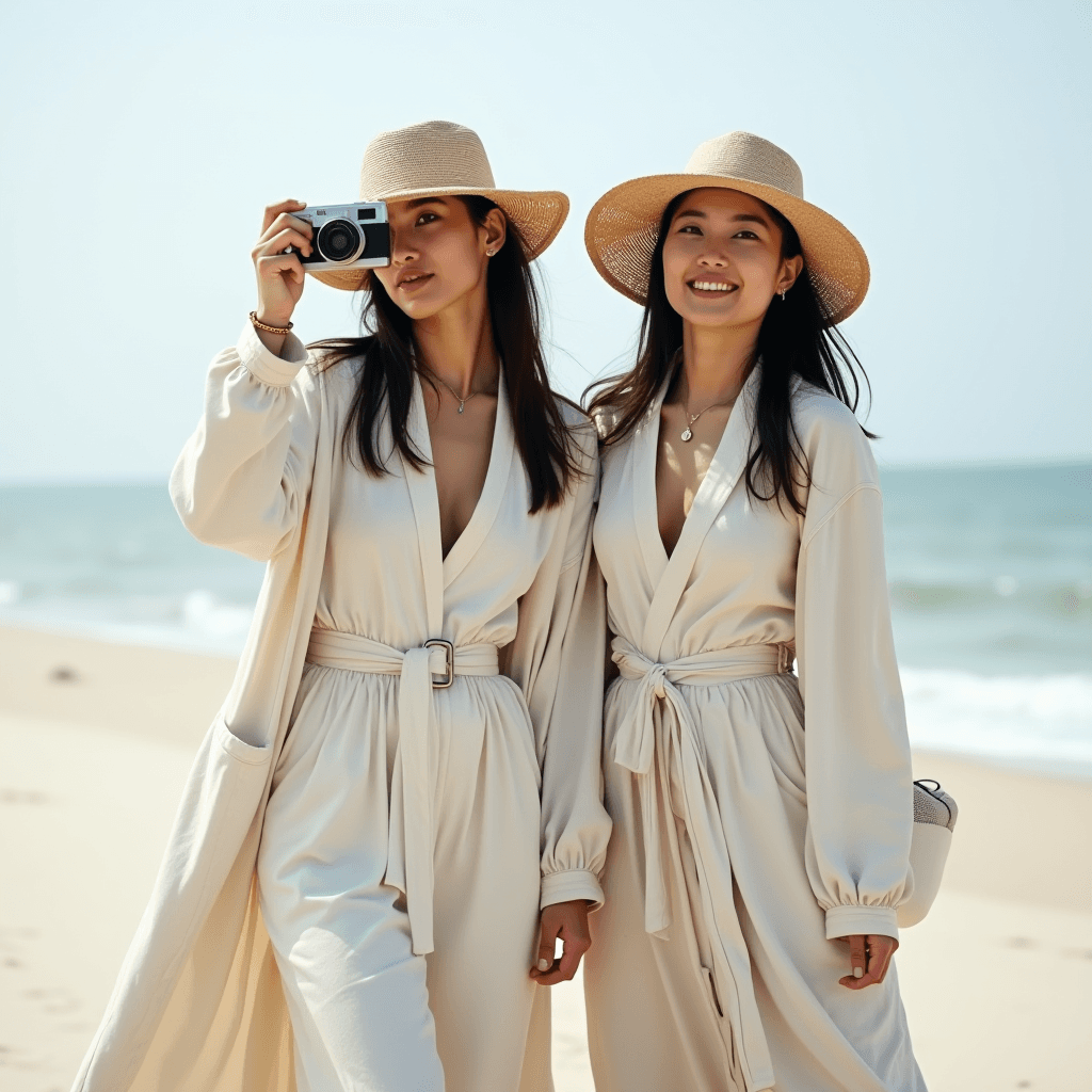 Two women in light dresses and hats enjoy a sunny day at the beach, with one taking a photo.