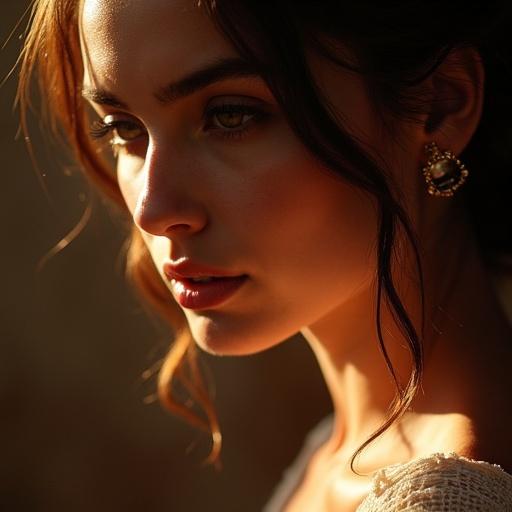Beautiful woman with soft features in profile. Warm light highlights her face. She has dark hair and wearing delicate earrings. The background is softly blurred.