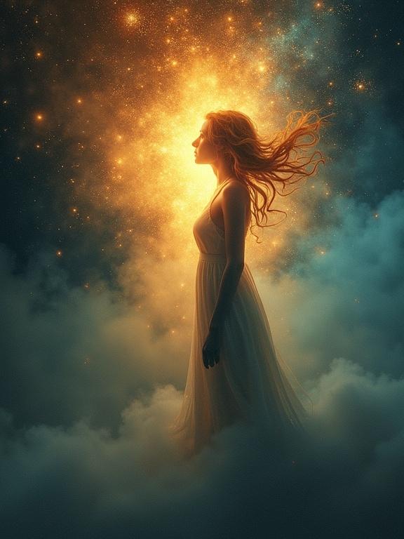 Surreal artwork depicting intuition and gut feeling. Gentle, glowing silhouette in cosmic fog of warm colors. Center of abdomen shines with pulsating light symbolizing inner wisdom. Flowing lines and abstract forms suggest thoughts and intuitive connections. Calm, mystical atmosphere with a touch of magic.