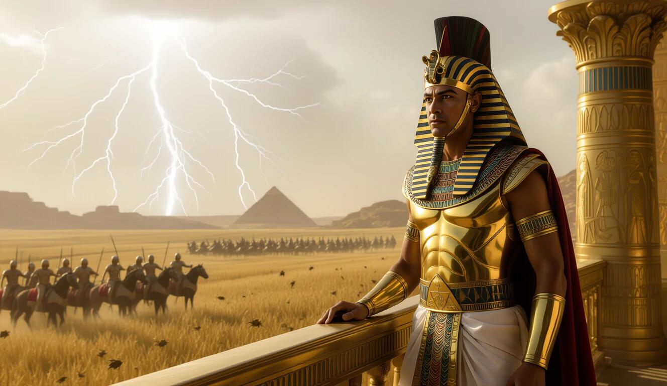 Pharaoh stands on balcony with a hardened gaze. Shining crown on head. Lightning strikes in the background. Locusts swarm the fields. Egyptian soldiers prepare war chariots. Atmosphere is tense and powerful. Dramatic lighting enhances the scene. Vertical composition.