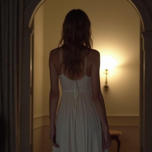 A woman stands in front of a light source while wearing a white night dress. The scene captures a quiet, intimate atmosphere.