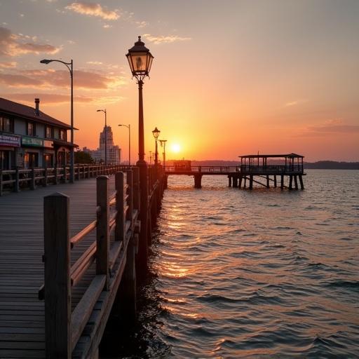 Pier located in harbor during summer sunset. Warm light creates a scenic view with water gently rippling.