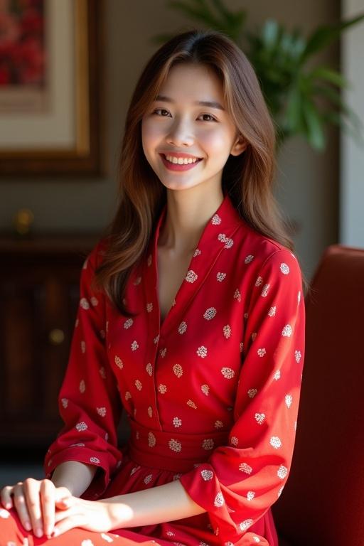 Young Taiwanese lady in a red frock with white dots sits elegantly in a luxury room. She has straight natural brown hair and a natural smiling expression. The setting is warm and inviting, showcasing the beauty of her outfit and surroundings.