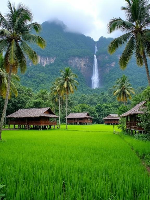 A tropical paradise with traditional wooden houses in lush rice fields. Tall coconut trees are present. A majestic waterfall cascades from a misty mountain. The scene feels peaceful and vibrant, showcasing natural beauty and tranquility.