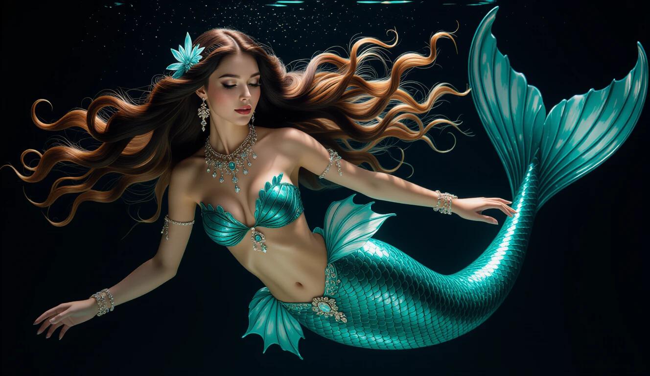 Full-body portrait of a beautiful ethereal mermaid with long flowing hair. Wears detailed teal costume and intricate jewelry. Floating gracefully in black space. Soft lighting illuminates her translucent skin and shimmering scales. Captured in high-end digital quality with 8K resolution.