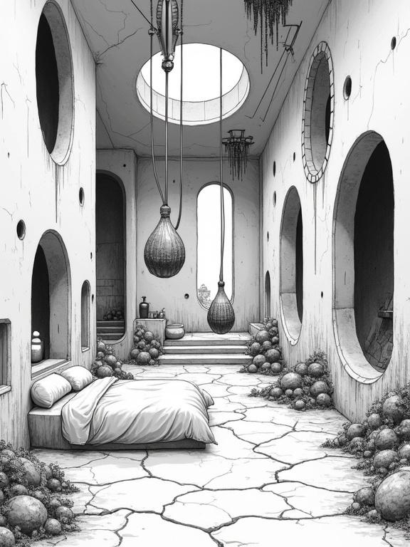 Interior of a biomechanical dwelling inside a decaying megastructure. High-detail manga style item. Porcelain-like bio-ceramic walls. Dark tubing embedded. Asymmetric surfaces. Hanging organic sacs. Cracked floor with fibrous growths. Suspended cocoon structure with bio-cable. Faint dripping fluid. Strange jars and ritual tools on uneven shelves. Light sources are fungal bulbs or pulsing rods. Minimal, functional space with no comfort. Monochrome, gritty aesthetic with heavy ink and fine lines.