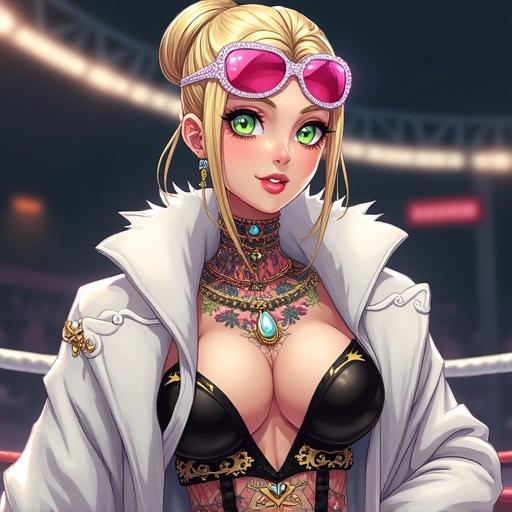 Futuristic anime woman in martial arts arena, has beautiful face, emerald green eyes, oversized blonde bun, wearing diamond jewelry and sunglasses, showcasing tattoos, muscular build, and athletic attire.