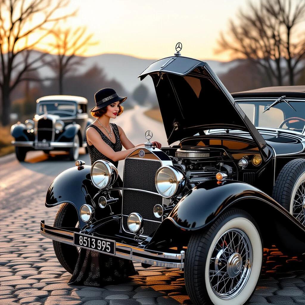 Photorealistic roadside scene from 1928 featuring elegant woman in a cloche hat and beaded dress repairing a Mercedes-Benz 18/100 PS Sportwagen. The car has the hood raised showing its straight-six engine. Shot during golden hour on a cobblestone road with a Citroen B12 blurred in the background. Detailed elements like jewelry reflections and engine block casting numbers are visible. A hint of oil on her cheek refracts light. The overall atmosphere suggests pre-storm tension.