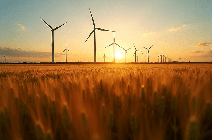 Golden wheat fields stretch out under a sunset sky with wind turbines in the distance.