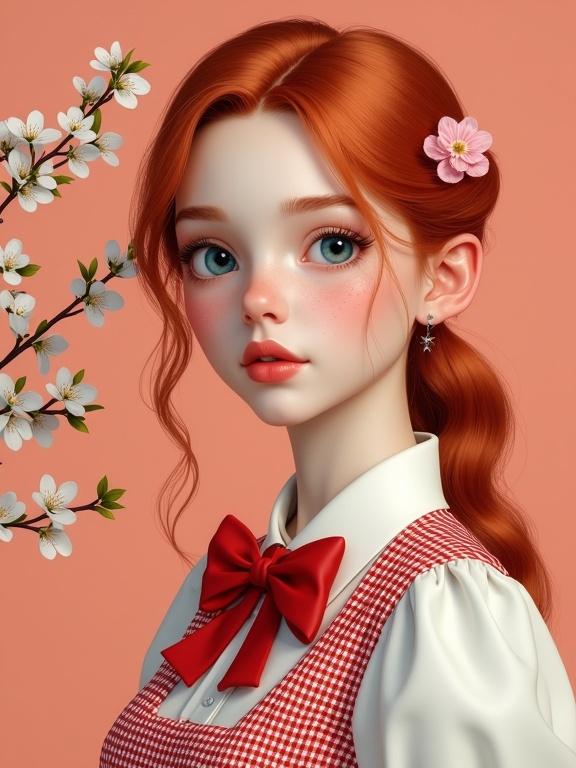 Highly detailed digital artwork of a young woman with red hair and blue eyes. She has freckles and is wearing a checkered shirt with a bow tie. A small flower is in her hair. Background is warm peach. Branches with white blossoms are present. Soft lighting highlights her features.