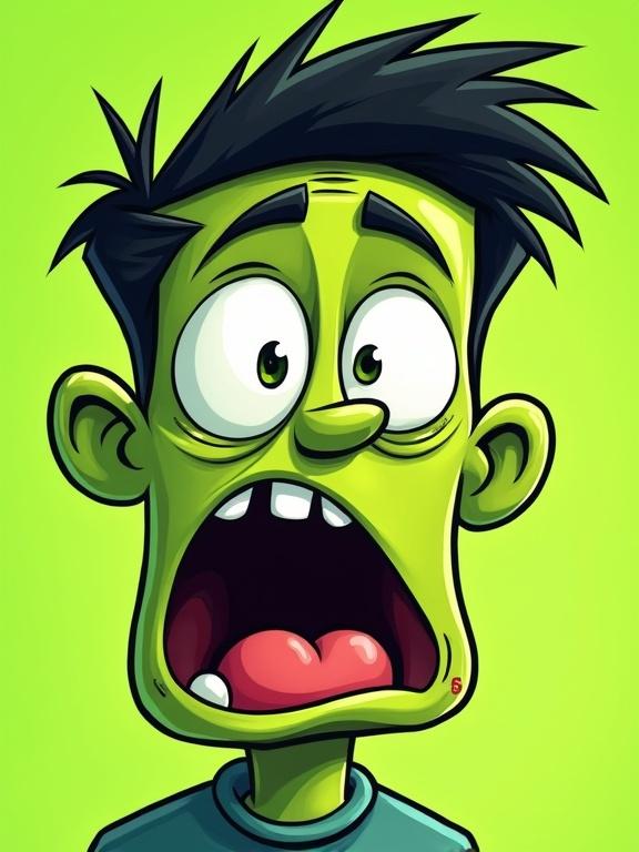 A cartoon human face turns green with puffed cheeks and an exaggerated disgust expression. Bold outlines enhance the bright colors.