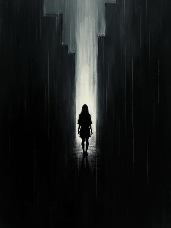 Digital oil painting depicting a silhouette of a woman in the rain. Harsh brush strokes create depth. Strong use of negative space with black background. Rough edges give an incomplete illustration feel. Surreal shapes present with a distinctive style. A God's eye perspective enhances the abstraction.