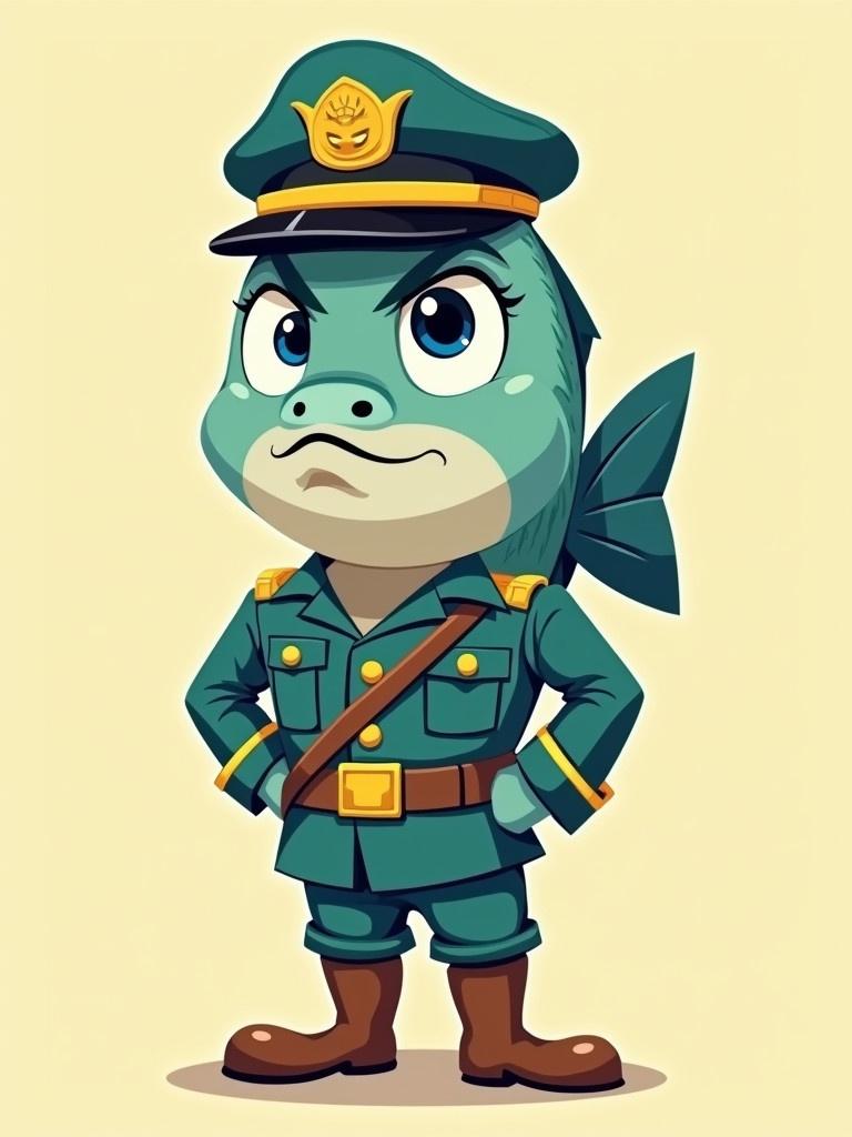 Cartoon fish character wearing military uniform including hat. Serious expression. Standing confidently with hands on hips. Bright color palette and playful design elements. Suitable for children's media.