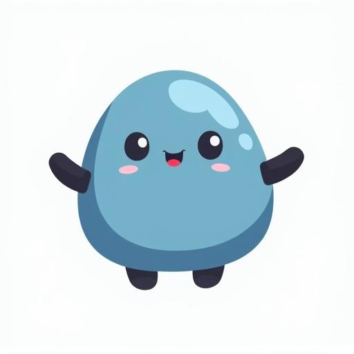 Illustration of a cute pebble-shaped character. Character has arms and legs. The body is blue. The arms and legs are black. The design is very simple.