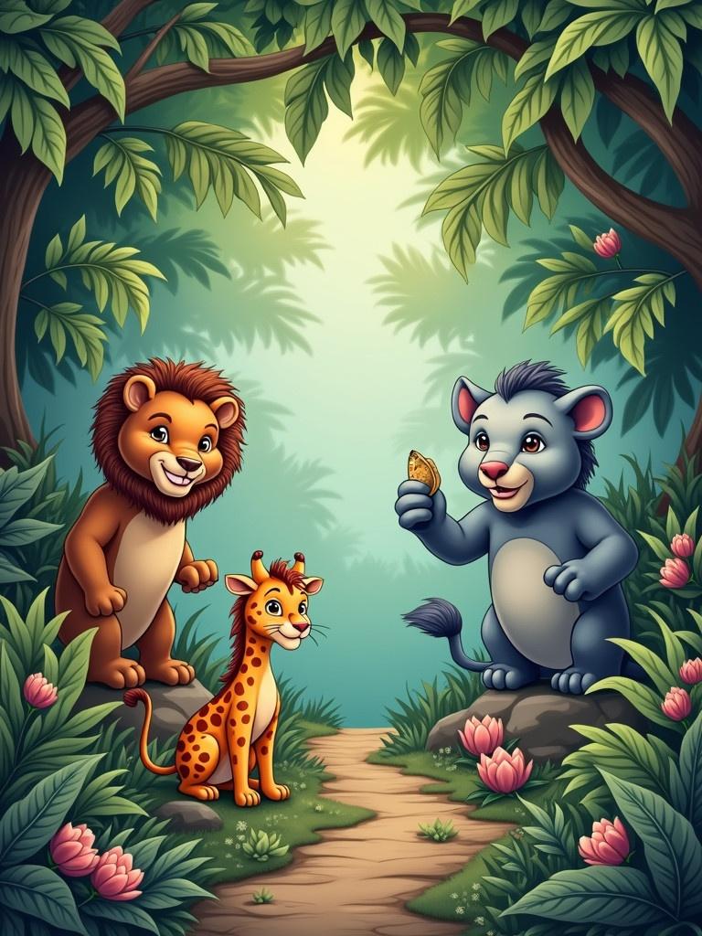 A vibrant jungle scene filled with animated animals. A smiling lion stands beside a cute young leopard. Another character offers a butterfly. Lush green foliage surrounds them with pink flowers and a winding path.