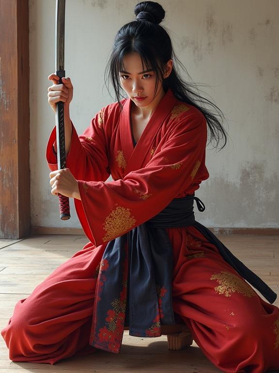 A fierce female warrior poses in a dojo. She wears a red kimono with gold patterns. A dark blue sash accentuates her outfit. Black hair is tied back. She holds two short blades with a proper grip. The stance is low, showing readiness for action. Intricate details highlight her outfit. A determined expression reveals intensity.