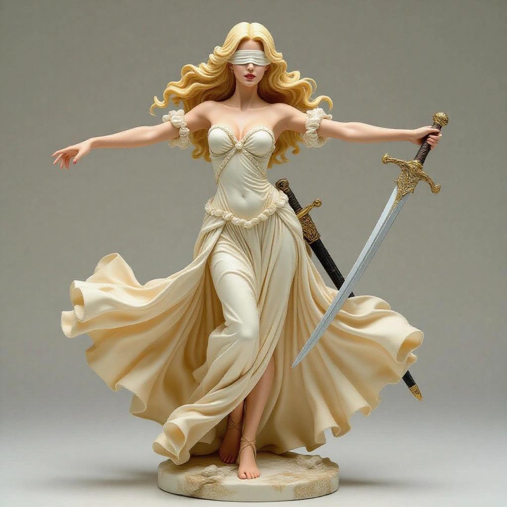 Sensual female resin figure inspired by Libra sign. Beautiful and elegant blonde woman in a ballerina pose. Arms extended to convey balance. Long, ethereal dress with ruffles. Hair blows in the wind. Blindfolded, carrying a decorative sword sheathed on back.