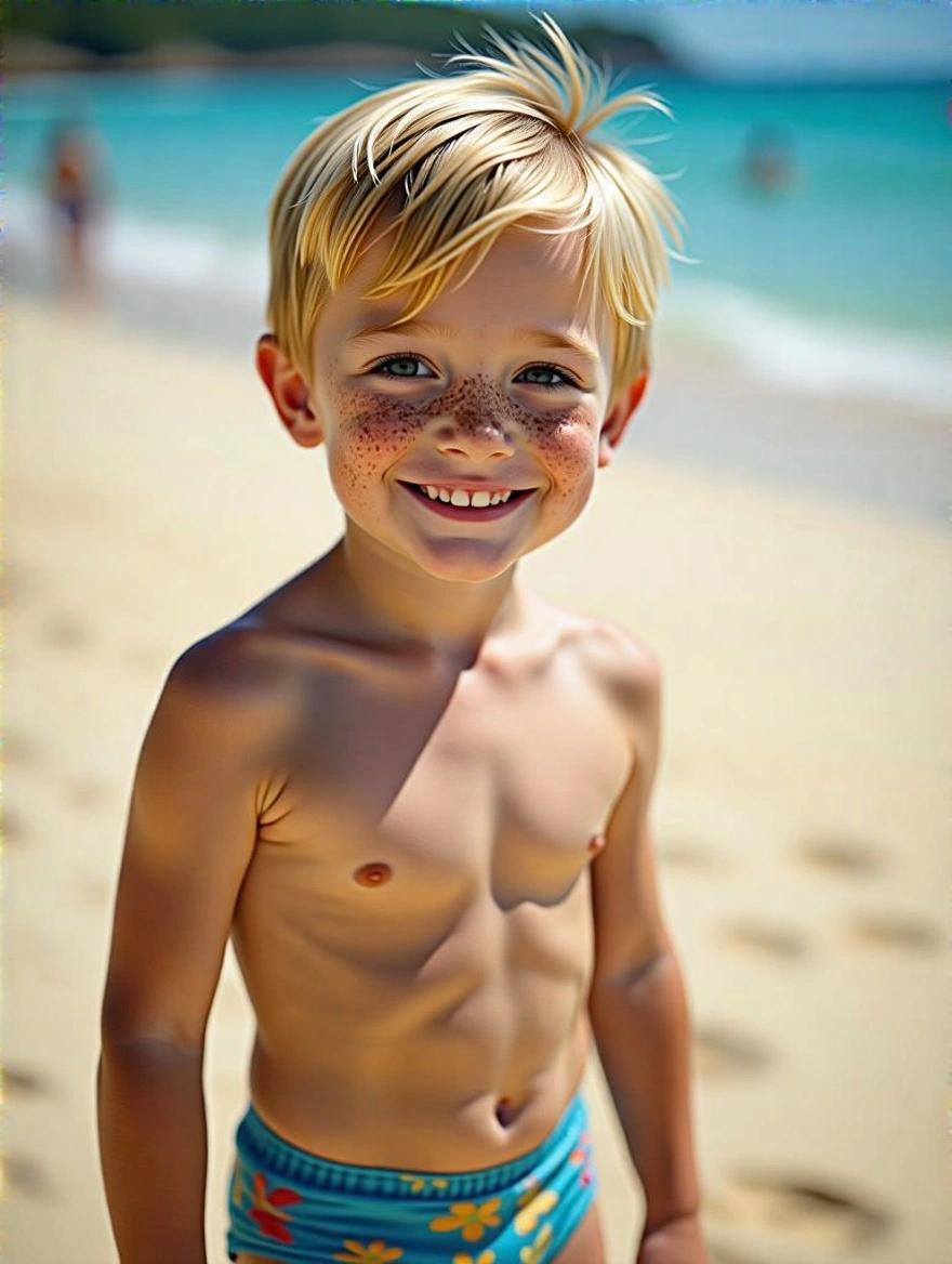 Shirtless pre-school boy wearing speedo. He has blonde short hair and freckles. He is smiling at the sunny beach near the water.