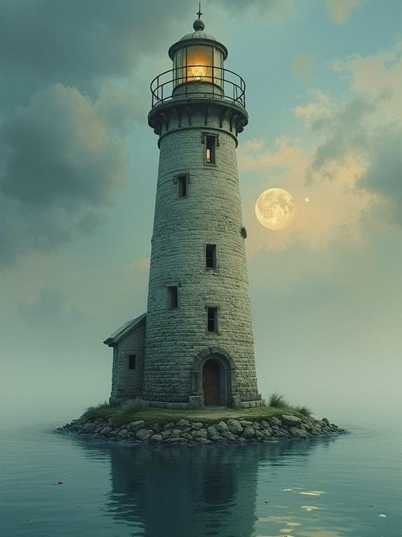 A stone lighthouse wrapped in aged fabric, surrounded by still water. The lighthouse has pulsing windows glowing softly. The sky holds broken moons and has a surreal feel. The mood is eerie and quiet. The artwork blends watercolor and oil styles.
