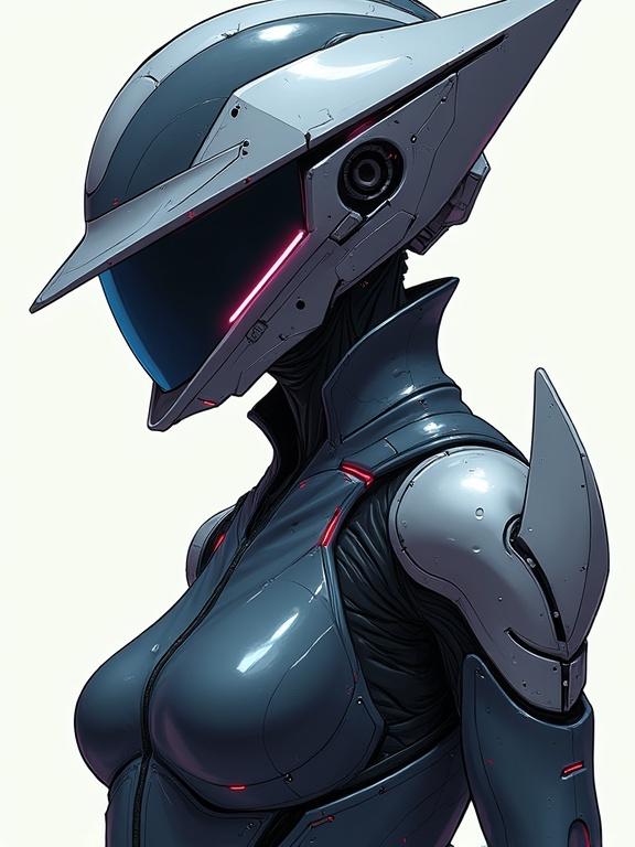 Hi-tech sci-fi sleek power suit with aerodynamic helmet. Full-body image in anime illustration style.