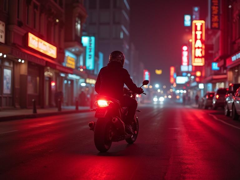Nighttime urban street scene with a motorcycle Rider facing vibrant colorful neon lights and signs.