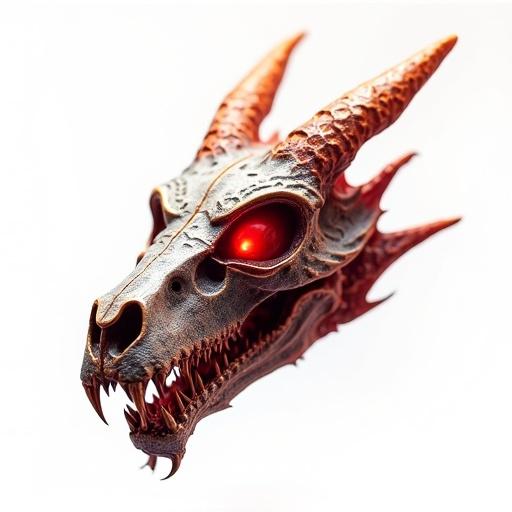 A photorealistic fantasy-inspired dragon skull, isolated on a transparent white background. No gems present. Neutral lighting highlights vibrant patterns and details. Rendered in game-ready quality with focused depth of field, shot as if with a 50mm lens at f/2.8.
